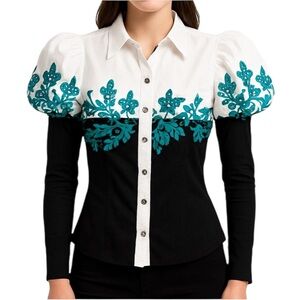 VDP Beaded Puff Sleeve Stretch Top